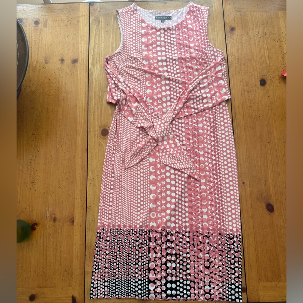 Sharagano Pink and White Polka Dot Dress NWOT Size 6 Tie Front V Neck